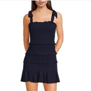 Altar’d State Square Neck Tie Shoulder Navy Smocked Dress Body con, size L